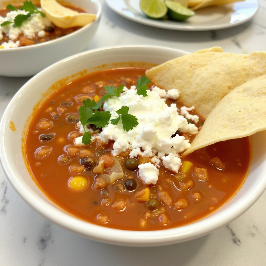 Chilled Taco Soup Frios served in a bowl, garnished with tortilla chips, shredded cheese, sour cream, and avocado slices.