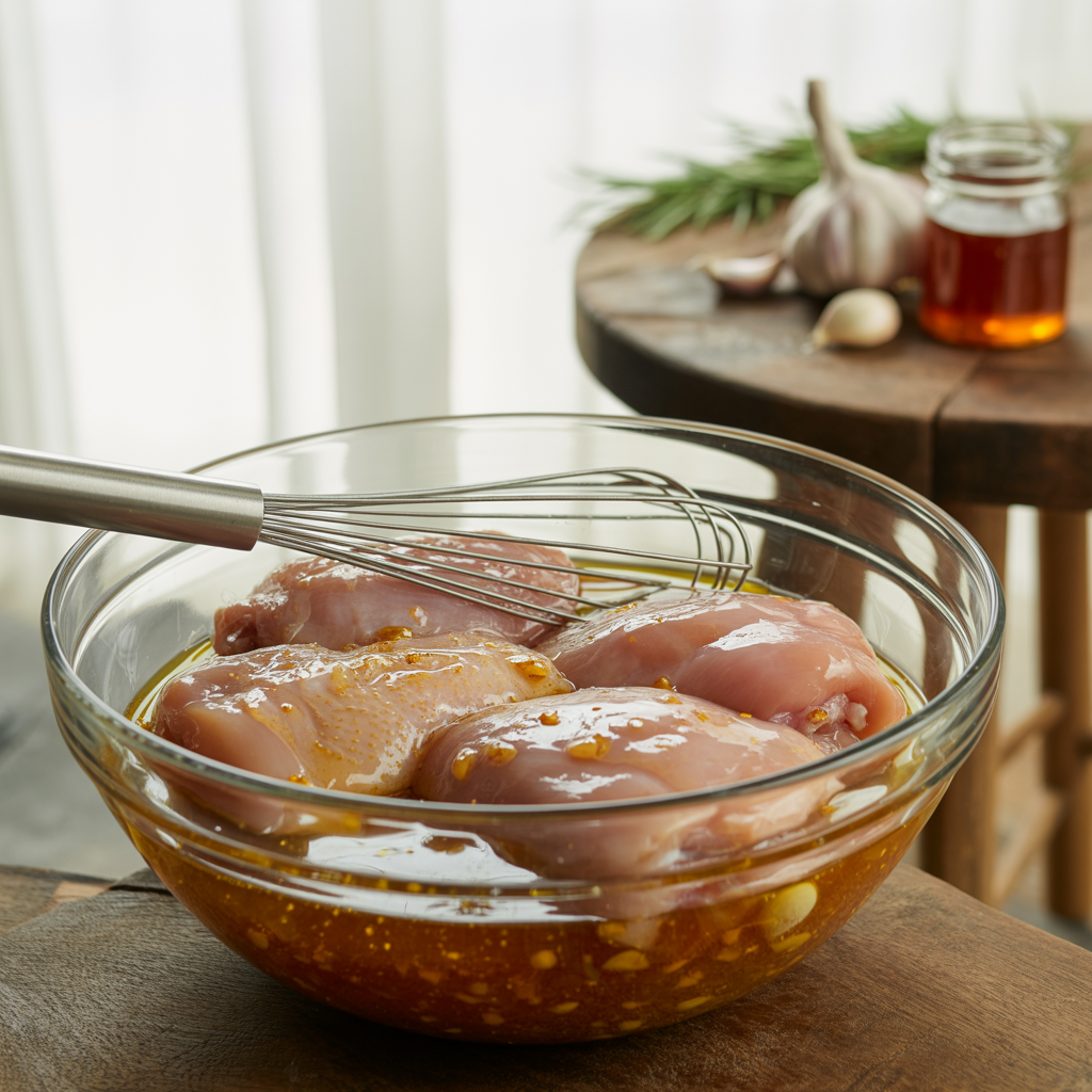 Raw chicken thighs marinating in honey garlic sauce in a glass bowl.
