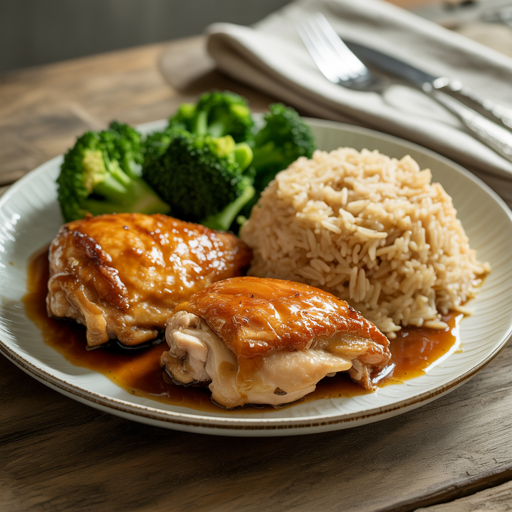 Honey garlic chicken thighs served with white rice and steamed broccoli on a dinner plate.