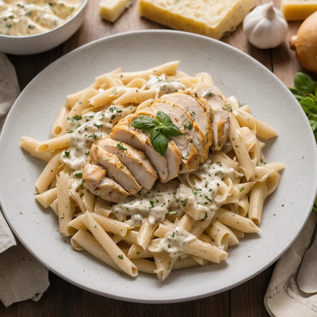 Skillet with Alfredo sauce bubbling gently on the stove.