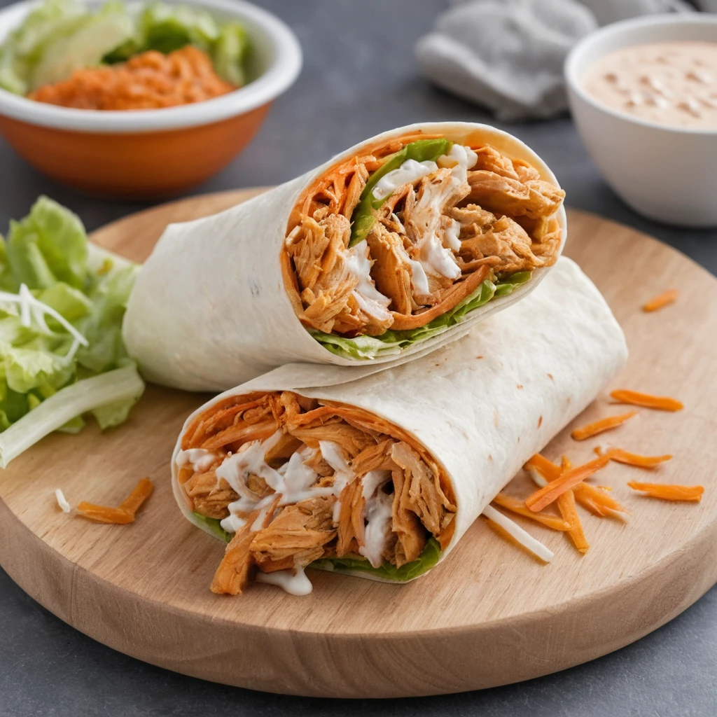 “Buffalo chicken wrap sliced in half showing spicy shredded chicken, lettuce, and ranch inside a flour tortilla, served with celery and ranch dip.”