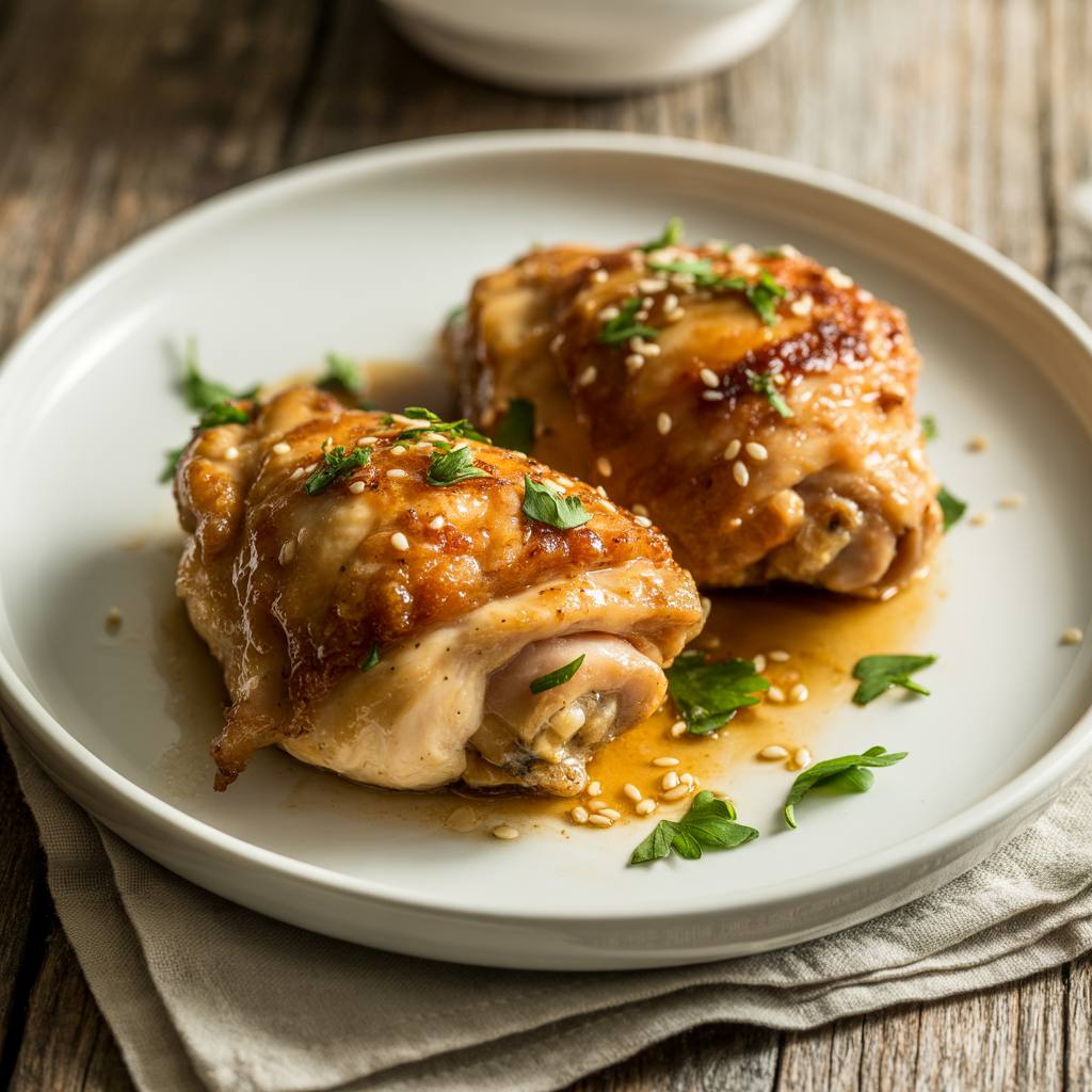 Baked honey garlic chicken thighs served on a white plate with parsley and sesame seeds.