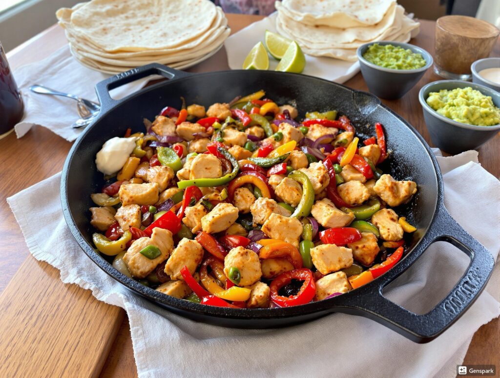 “Skillet of chicken fajitas with sliced bell peppers and onions, served with tortillas, lime, and sour cream on a wooden table. A vibrant and easy Tex-Mex dinner.”