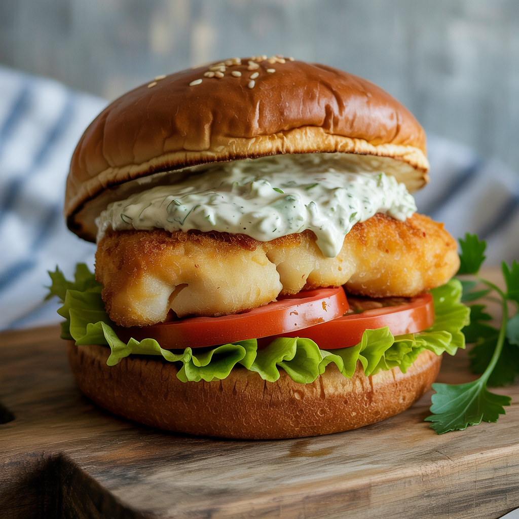 Crispy fish burger with fresh toppings and tartar sauce in a sesame bun.