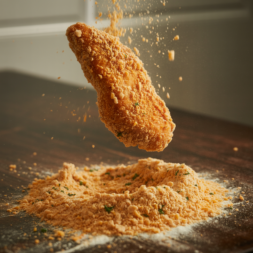 Chicken tender coated in seasoned flour and breadcrumbs before frying.