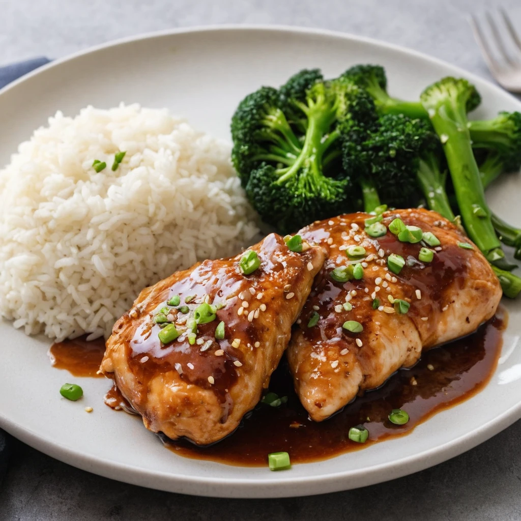 Honey garlic glazed chicken breast served with rice and broccoli, garnished with sesame seeds and green onions – a flavorful and easy weeknight dinner.
