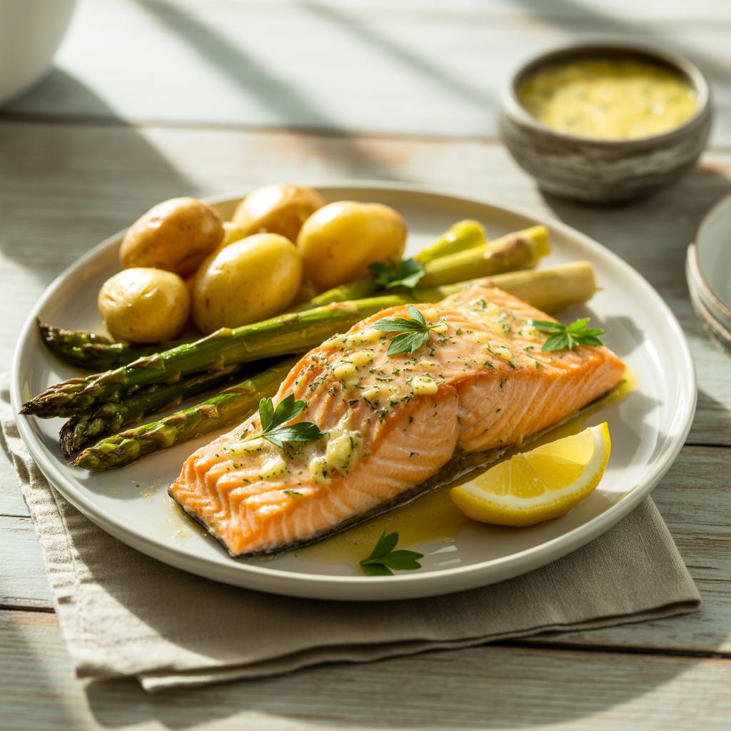 Baked salmon fillet with garlic butter and lemon slices, served with roasted asparagus and baby potatoes on a white plate.