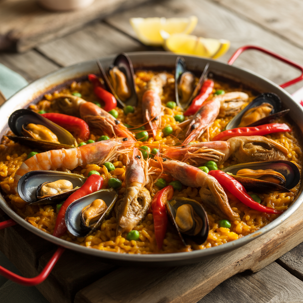Spanish seafood paella with shrimp, mussels, and calamari in a paella pan garnished with lemon wedges.