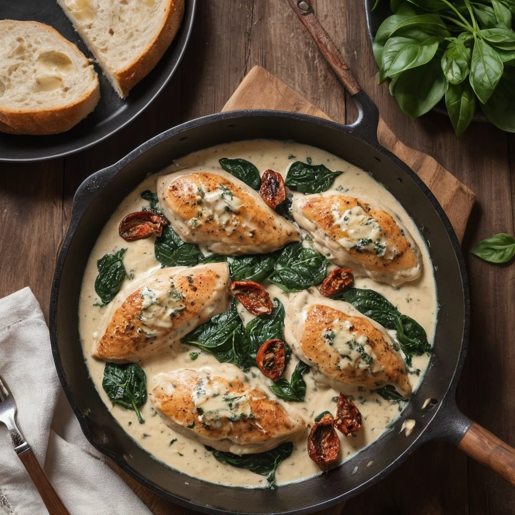 Creamy Tuscan chicken in a skillet with golden chicken breasts, rich garlic Parmesan sauce, sun-dried tomatoes, and spinach, garnished with basil. Served on a wooden table with warm lighting.