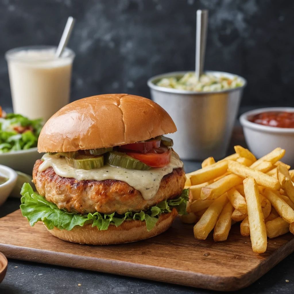 Juicy chicken burger with lettuce, tomato, and cheese on a wooden board next to fries.
