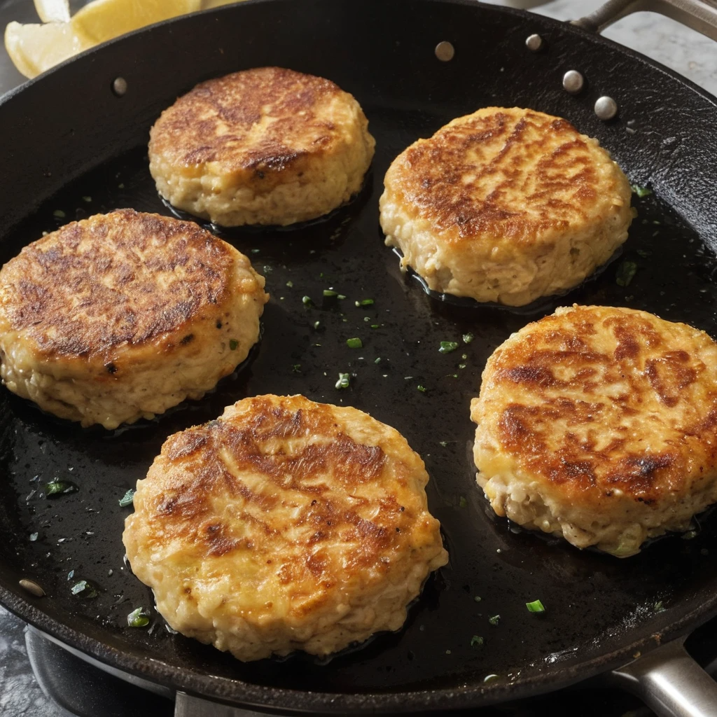 Golden chicken patties cooking in a skillet with a spatula.