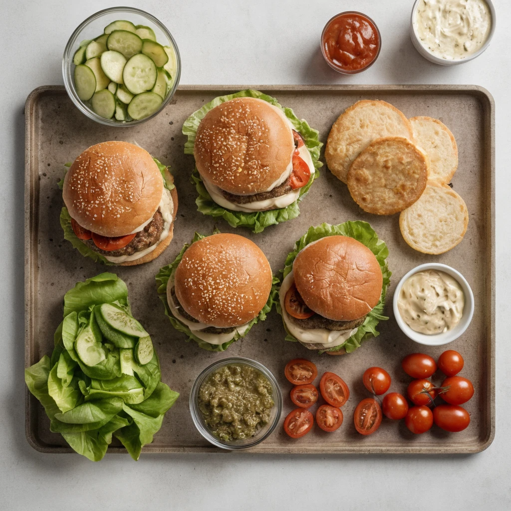 Ingredients for making chicken burgers laid out: buns, lettuce, tomato, cheese, and cooked patties.