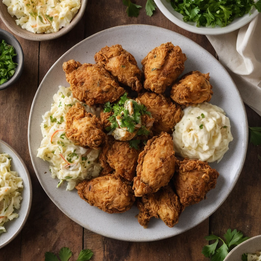 Homemade fried chicken on a plate with mashed potatoes and coleslaw.