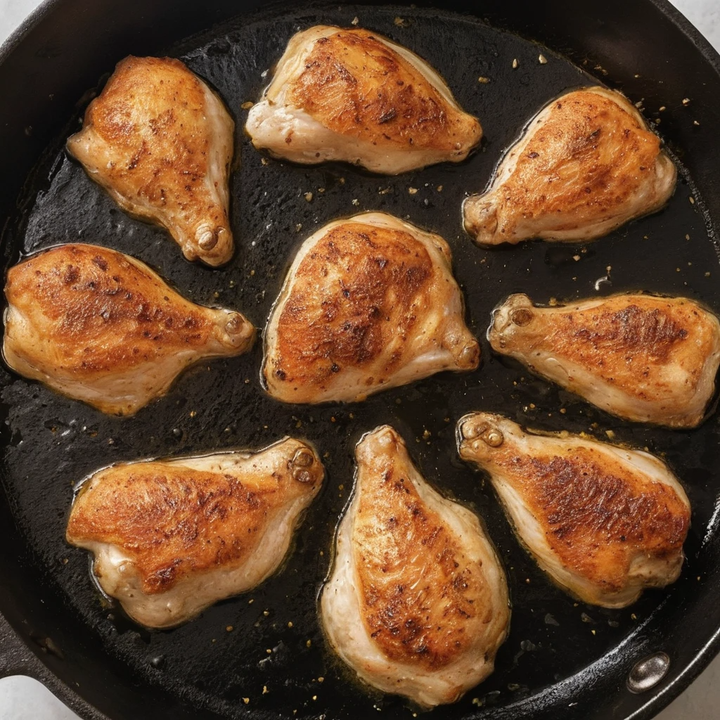 Fried chicken sizzling in oil in a cast iron skillet.