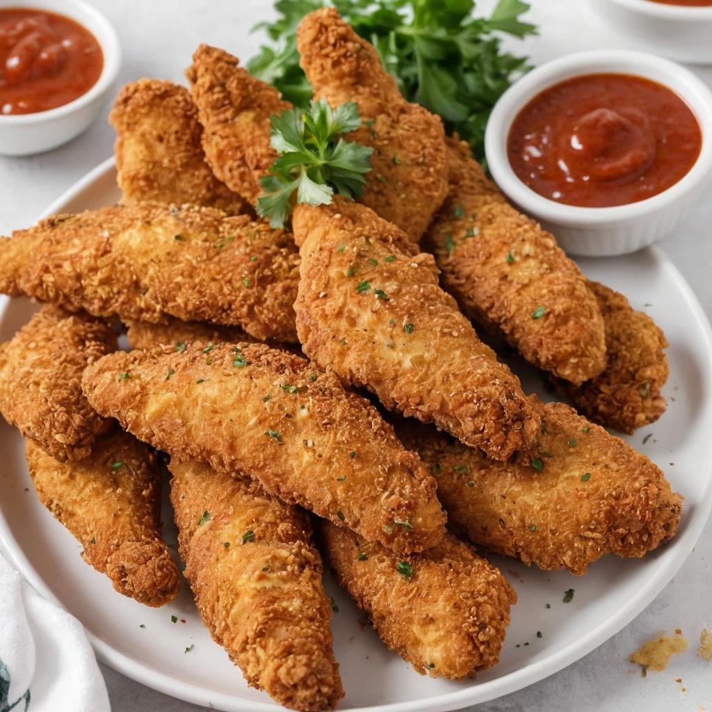 Crispy spicy chicken tenders served with dipping sauces on a plate.