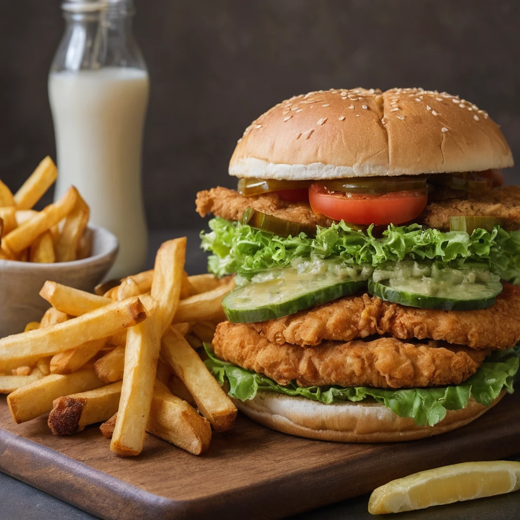 Buttermilk fried chicken sandwich with lettuce, tomato, and pickles on a brioche bun.