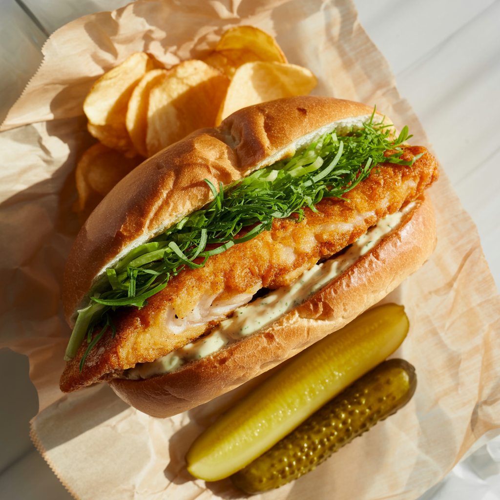 Classic fish sandwich with crispy fillet, lettuce, and spicy mayo on a soft roll.