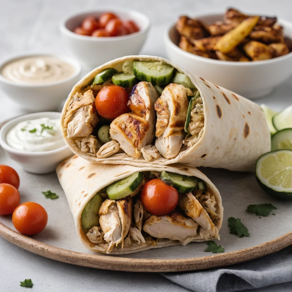 Chicken shawarma wrap filled with spiced grilled chicken, tomatoes, cucumbers, pickles, and garlic sauce on pita bread, served with garlic dip and lemon wedge.