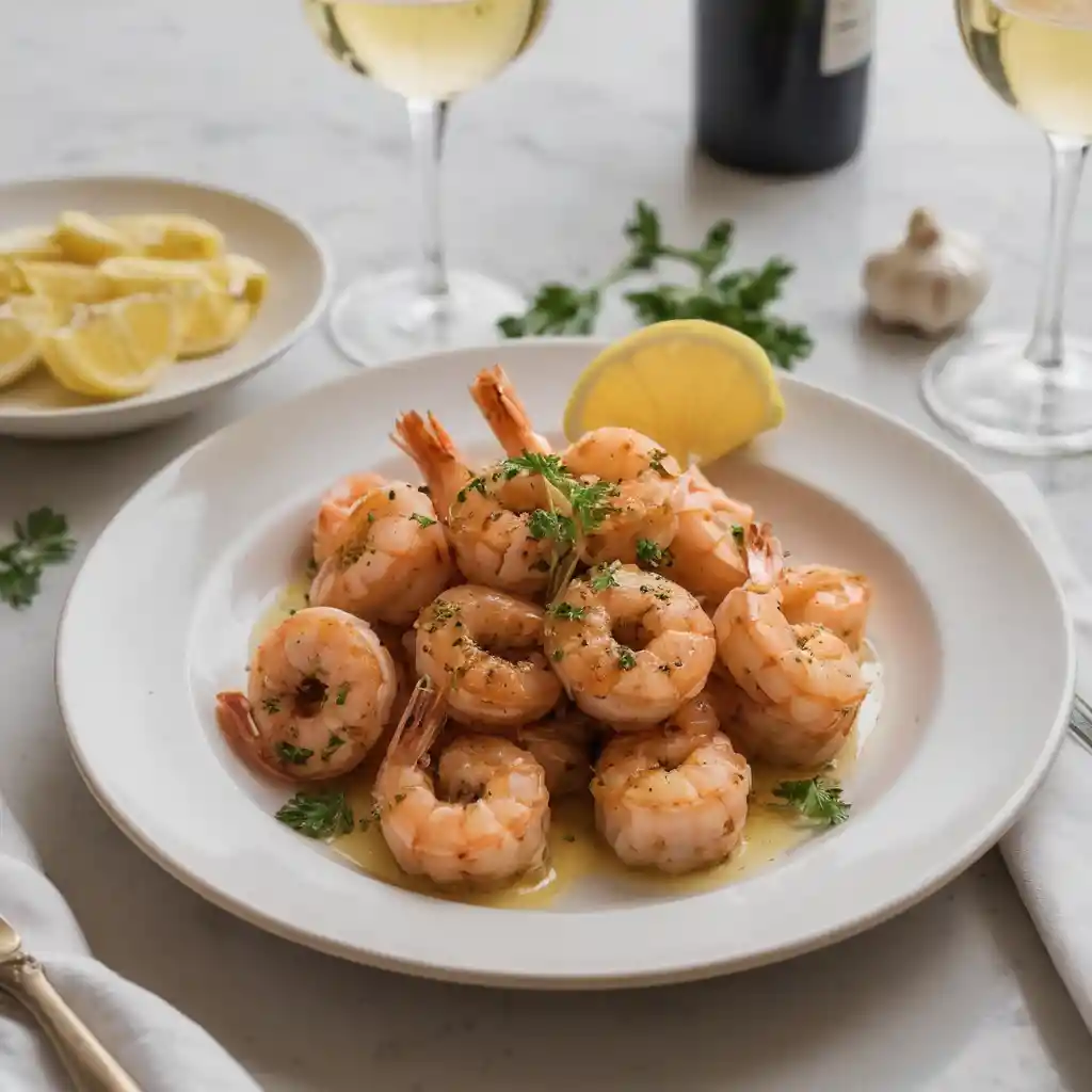 "Garlic butter shrimp served on a white plate, garnished with parsley and lemon slices, with a rich golden glaze."