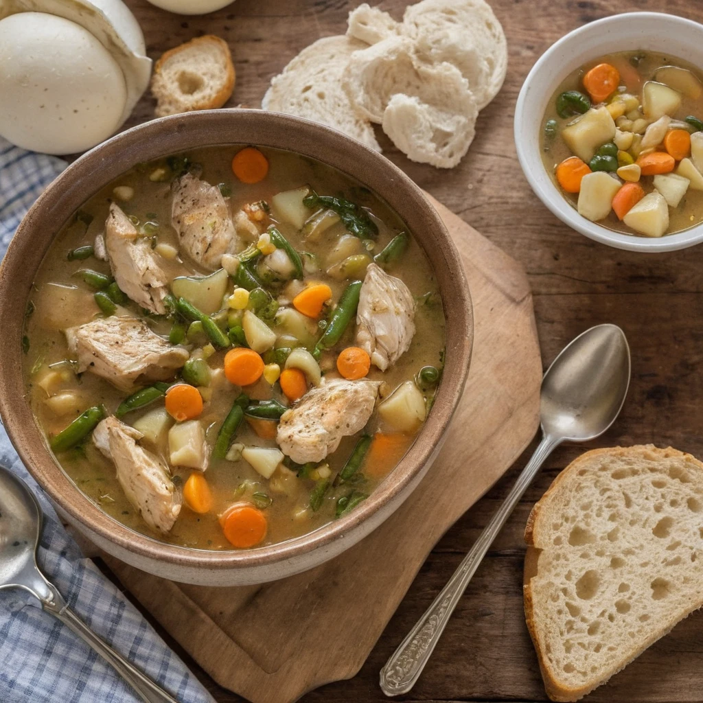 A cozy bowl of chicken and vegetable soup made with tender chicken, fresh carrots, celery, potatoes, green beans, and zucchini in a savory broth, garnished with parsley and served with rustic bread.