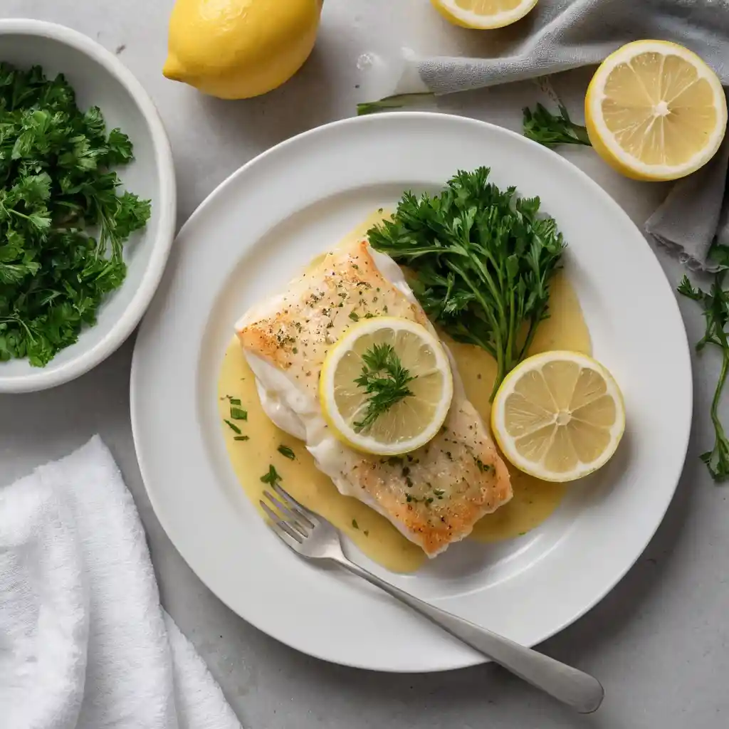 Baked cod fillet with golden garlic butter sauce, garnished with fresh parsley and lemon slices, served on a white plate with a rustic wooden background.