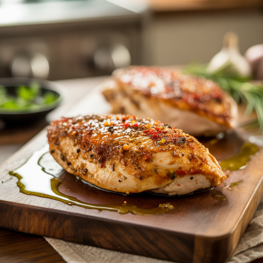 Cooked chicken breasts on a cutting board with a knife beside fettuccine.