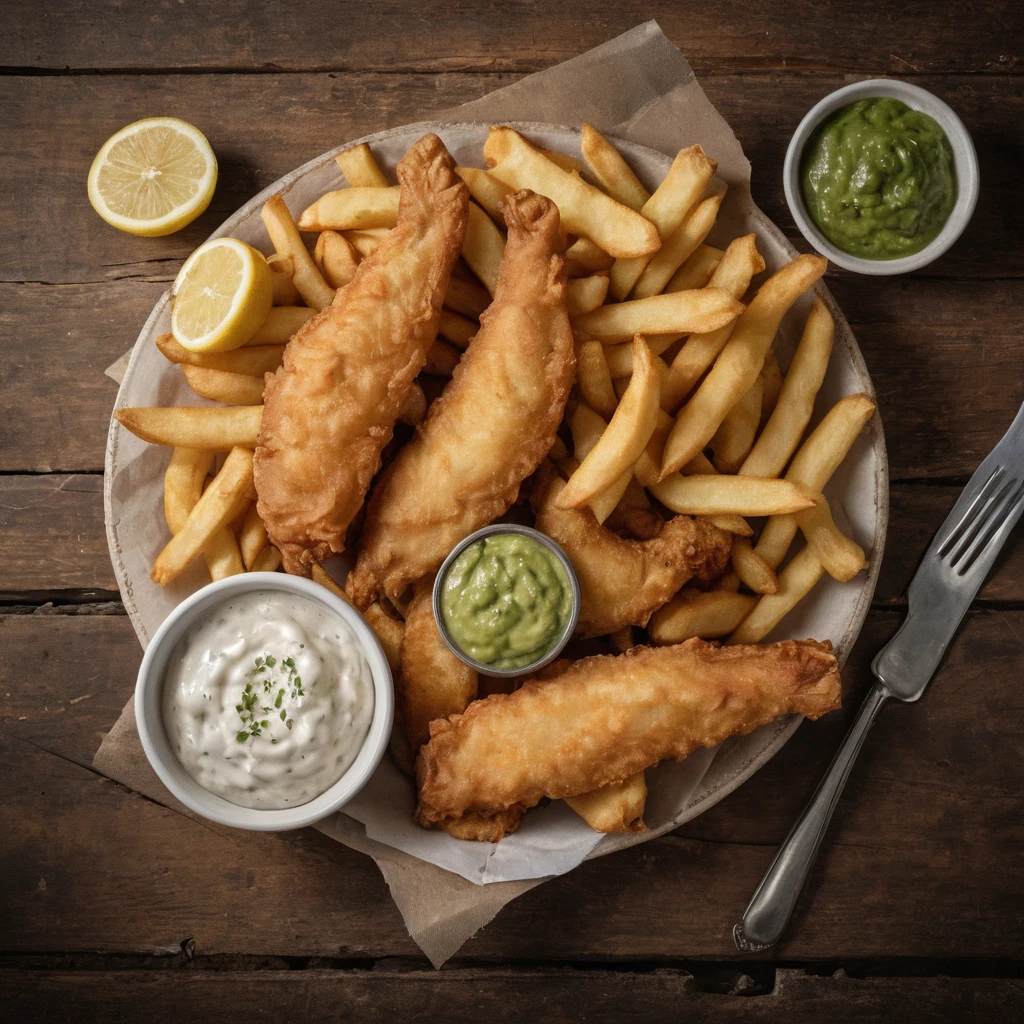 Top-down view of traditional British fish and chips served with lemon wedges, tartar sauce, and mushy peas.