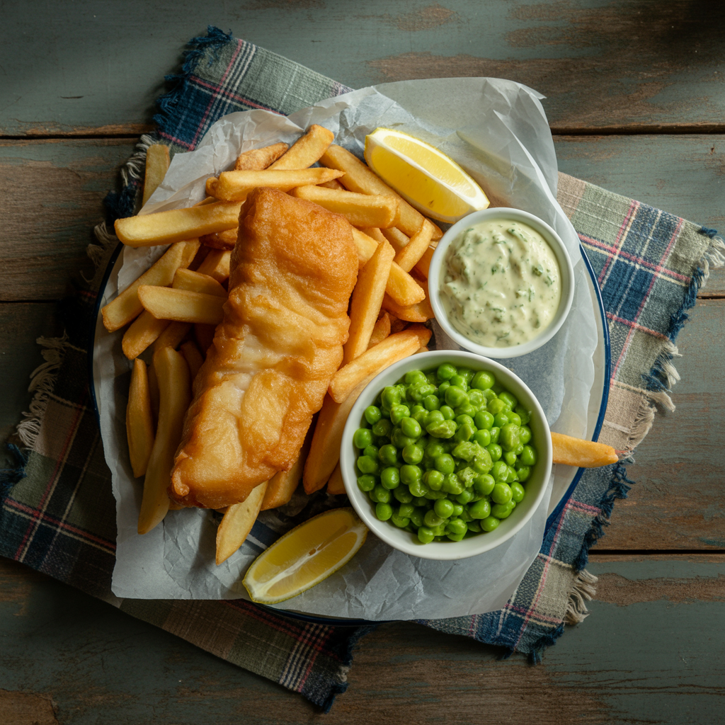 Top-down view of traditional British fish and chips served with lemon wedges, tartar sauce, and mushy peas.