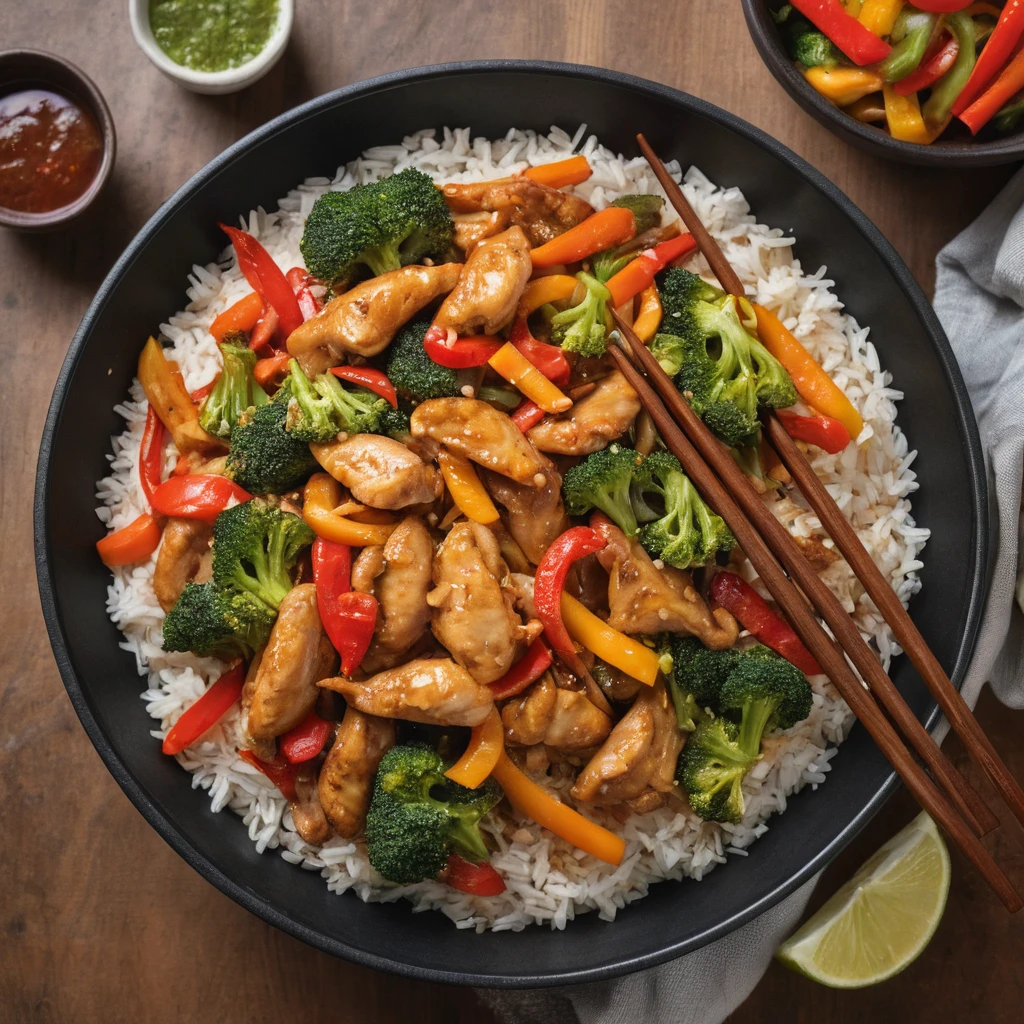 Colorful chicken stir fry in a wok with bell peppers, broccoli, and carrots in a soy sauce glaze, served over white rice with chopsticks.